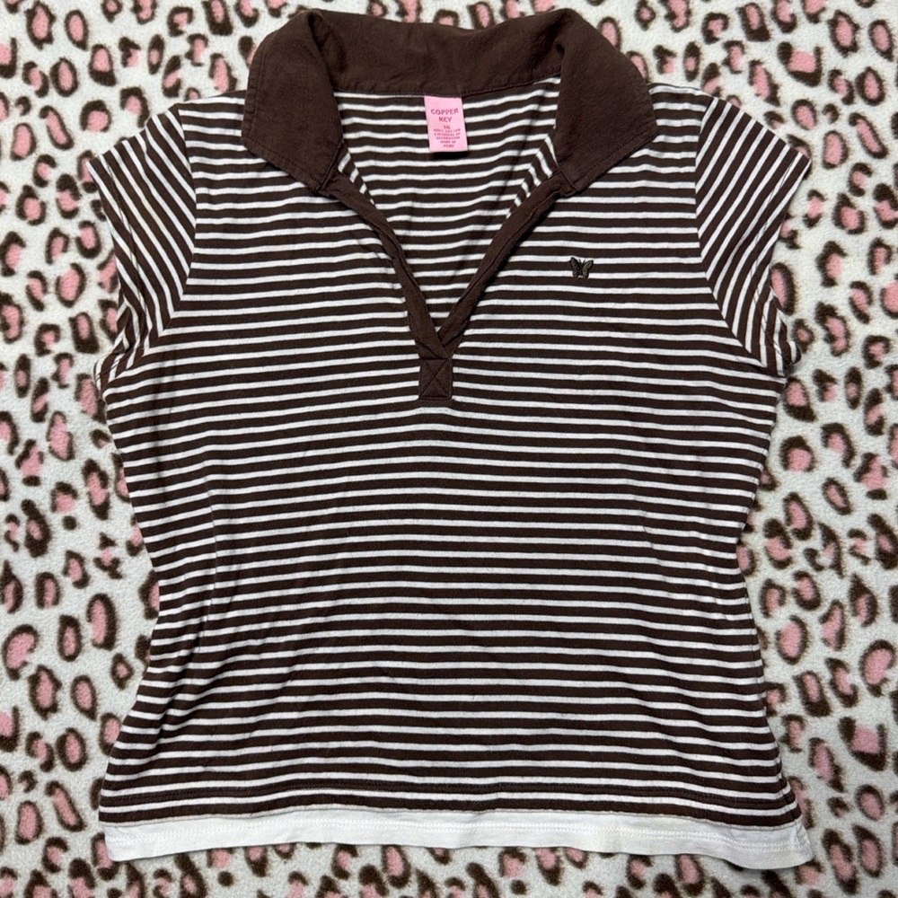Brown Striped Women's Polo Top
